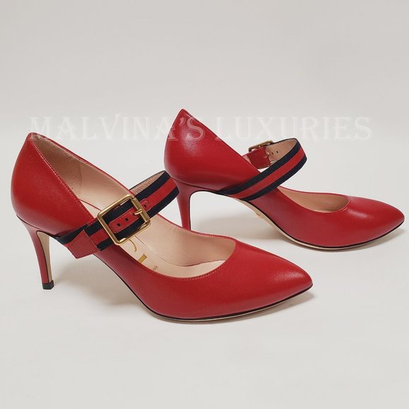 GUCCI SHOES SYLVIE WEB RED LEATHER MARY JANE PUMPS HEELS sz IT 36 US 6 - Picture 4 of 12